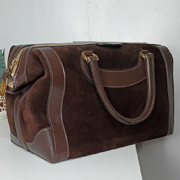 Vintage Gucci Brown Suede Boston Bag with Leather Trim – Gorgeous Condition 60s - Picture 6 of 17